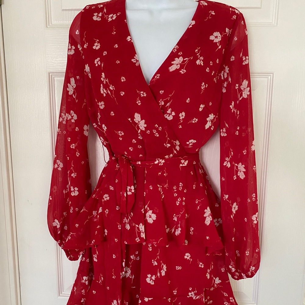 Love, Fire Red Tiered Wrap Dress M
